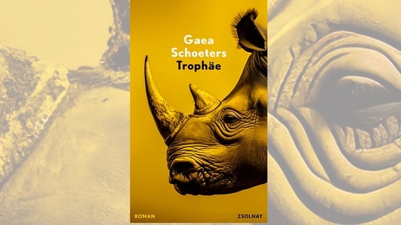 Nashorn-Kopf in Seitenansicht auf gelbem Grund, Buch-Cover