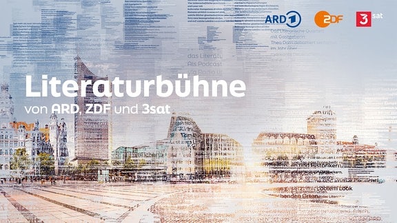Hauptmotiv der Literaturbühne von ARD, ZDF und 3Sat zur Leipziger Buchmesse 2024 - mit Text und Logo