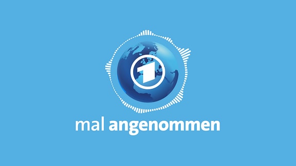 Grafik mit dem Logo der Tagesschau, dem weißen ARD-Logo auf einem blauen Globus, kreisförmig sind ringsum wellenartig Balken angeordnet, die an die Wafeform einer Audiospur erinnern. Darunter steht auf dem hellblauen Hintergrund in weißer Schrift "mal angenommen".