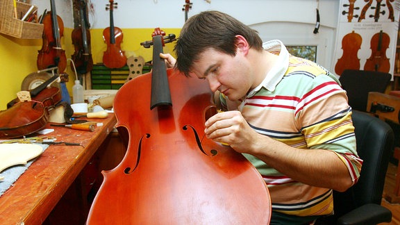 Der Geigenbauer Martin Banditt arbeitet in seiner Werkstatt in Magdeburg an einem Cello, aufgenommen am 04.11.2008.