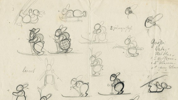 Ein Blatt mit mehreren Zeichnungen von Ski fahrenden Hasen.