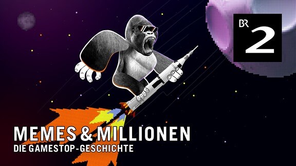 Ein Gorilla mit Sonnenbrille fliegt auf einer Rakete, darunter ist der Schriftzug "Memes und Millionen. Die Gamestop-Geschichte" zu lesen.