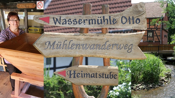 Die Bild-Collage zeigt eine Frau im Inneren der alten Wassermühle Otto, einen Wegweiser mit drei Schildern mit den Aufschriften "Wassermühle Otto", "Mühlenwanderweg" und "Heimatstube" sowie eine Außenansicht der Mühle in Abbenrode an der Ecker.