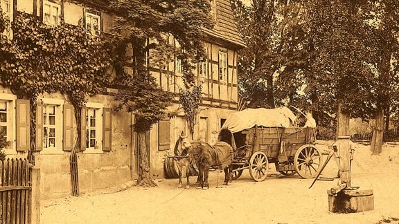 Landkreis Leipzig, Groitzsch, An der Mühle, mit Pferdeplanwagen