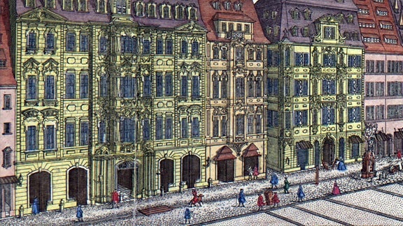 Eine historische Zeichnung von Stadthäusern in der Leipziger Innenstadt, davor eine Straße mit Menschen