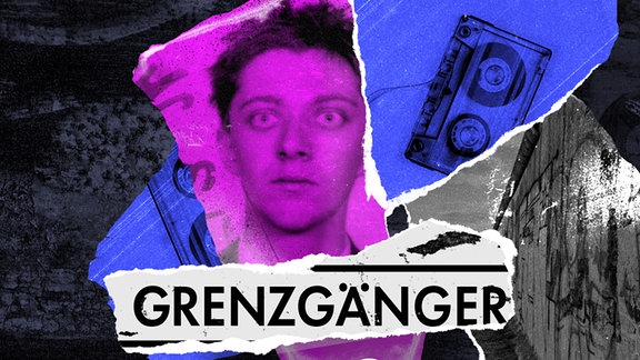 Das Cover zum Podcast Grenzgänger zeigt eine Grafik mit dem Porträt eines jungen Mannes, einer Kassette und einem Stück der Berliner Mauer. 