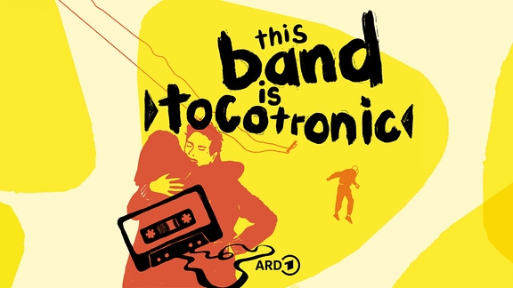  Eine Grafik im Comic-Stil zeigt zwei sich umarmende Menschen. Über ihnen liegt eine Kassette und die Aufschrift "this band is tocotronic".