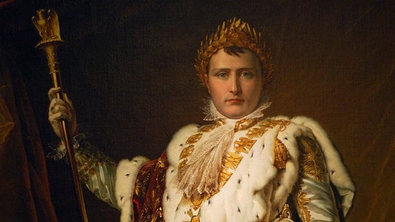 Gemälde von Napoleon mit Krone und Königsmantel.