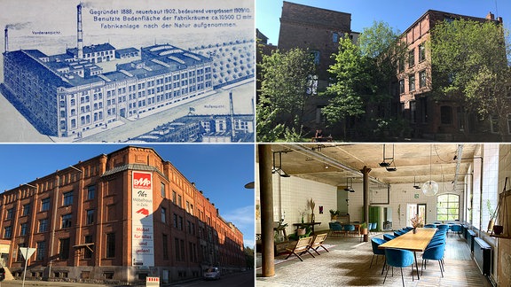 Eine Collage aus vier Fotos: darauf das Gebäude einer ehemaligen Fabrik - von außen, damals und heute und im Inneren mit einem Seminarraum