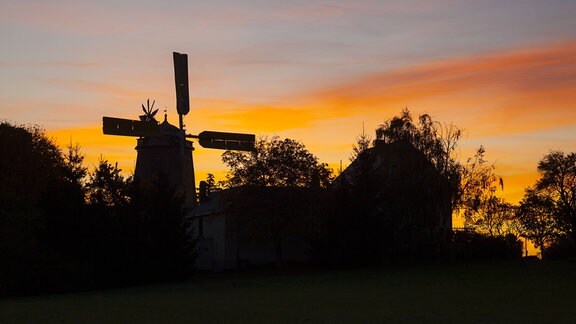 Sonnenaufgang, Silhouette der Windmühle Pahrenz