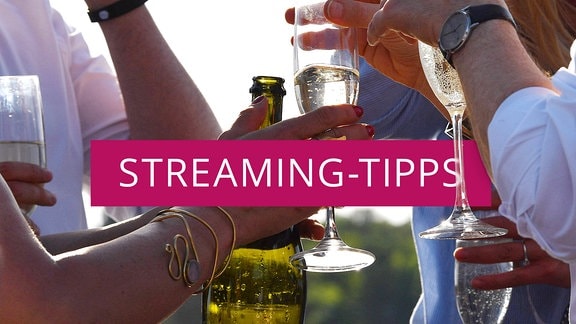 Menschen stoßen mit unterschiedlichen alkoholischen Getränken an, davor steht "Streaming-Tipps"
