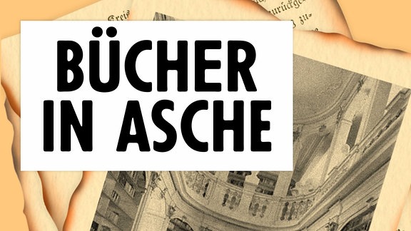 "Bücher in Asche" steht als Schriftzug über einem schwarz-weiß Bild.