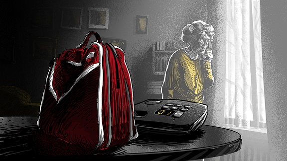 Gezeichnetes Bild: eine junge Frau telefoniert, im Vordergrund ein roter Rucksack.