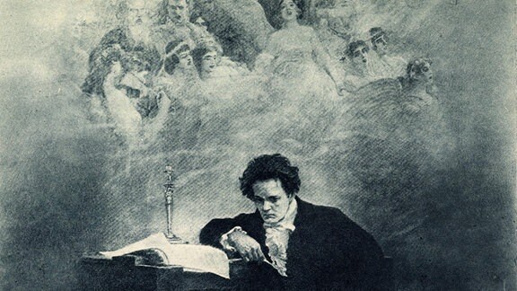Der Komponist Ludwig van Beethoven bei der Arbeit, Radierung