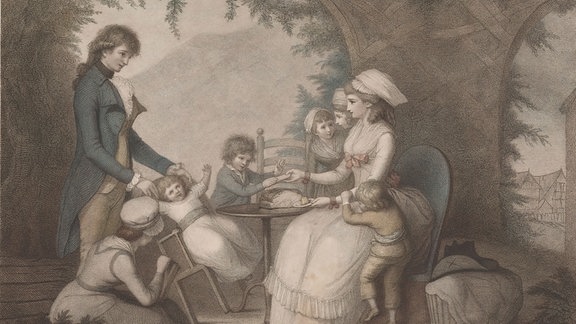 Das erste Gespräch von Werther und Charlotte (The First Interview of Werther and Charlotte), handkolorierter Stich von John Raphael Smith (1751-1812)