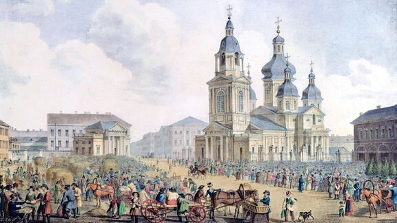 Heumarkt (Sennaja Ploschad) St. Petersburg 1822-1826. Kolorierte Lithographie nach Alexcander Bruloffo (1798-1877). 