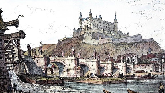 Würzburg um 1835, historische Stadtansicht, Stahlstich aus dem 19. Jh., Bayern, Deutschland