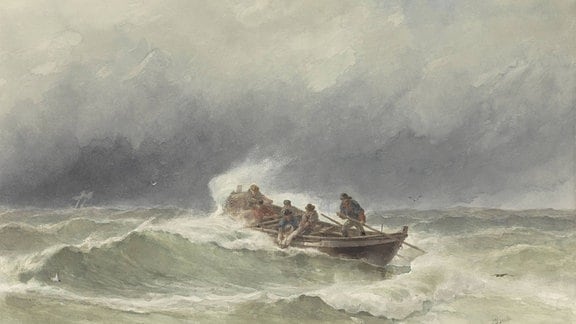 Rettung auf See, von Jacob Eduard van Heemskerck van Beest, ca. 1850-90, niederländisches Aquarell. Sechsköpfiges Ruderboot zieht einen Seemann in sturmgepeitschter offener See ins Ausland 