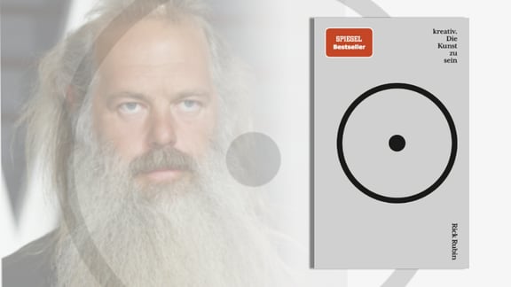 Gräuliches Buchcover mit einem schwarzen Kreis um einen Punkt. Darüber steht "kreativ. die kunst zu sein" und darunter "Rick Rubin". Daneben der Autor: ein Mann mit langem grauen Bart.