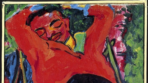 Farbenfrohes Gemälde eines schlafenden Mannes in einem Liegestuhl