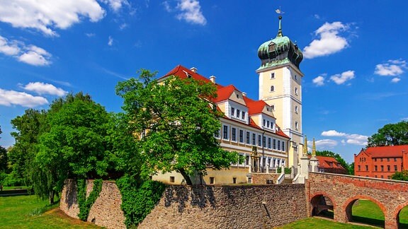 Schloss Delitzsch, umgeben von einer Mauer steht das Schloss mit markantem Turm auf einer grünen Wiese, eine steinerne Brücke führt zu der Anlage. 
