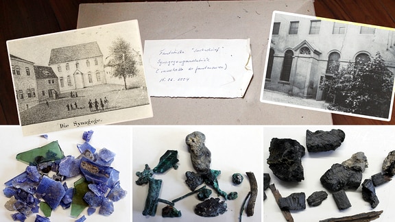 Überreste der Bernburger Synagoge: verbranntes Holz, Metall-Beschläge, Glas / zwei Aufnahmen der Synagoge / die Kiste, in der die Überreste gefunden wurden