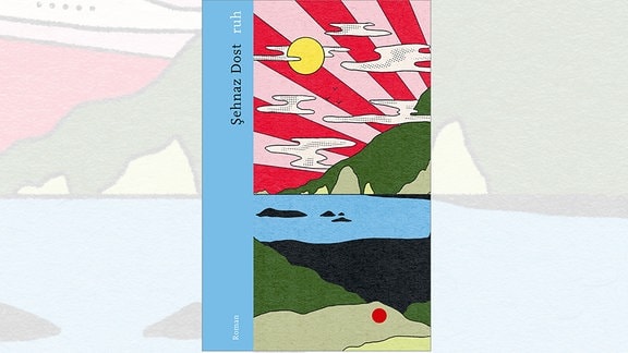 Buchcover des Romans "ruh" von Şehnaz Dost mit einer comicartigen und bunten Landschaft mit Sonne, See und Wald