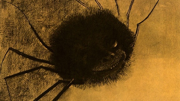Ein Gemälde von Odilon Redon von 1881, zu sehen ist eine schwarze Spinne, die die Zähne fletscht