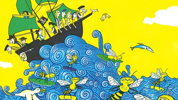 Einblick in das Kinderbuch von Buchpreisträger Saša Stanišić und Illustratorin Katja Spitzer. Ein Bienen-Piratenschiff unterwegs im Meer.