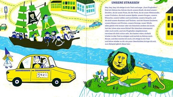 Einblick in das Kinderbuch von Buchpreisträger Saša Stanišić und Illustratorin Katja Spitzer. Auf dem Weg zum Flughafen wird im Taxi einiges erlebt.