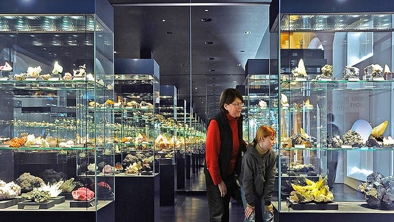 Die Ausstellung "Terra Mineralia": Eine Frau und ein Kind stehen vor Glasvitrinen voller Mineralien und Edelsteine.