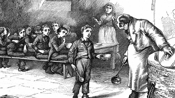 Zeichnung, ein kleiner Junge mit einer leeren Schüssel steht vor einem Mann mit Suppenkelle und Kessel, dahinter sitzen mehrere Kinder an einem Tisch