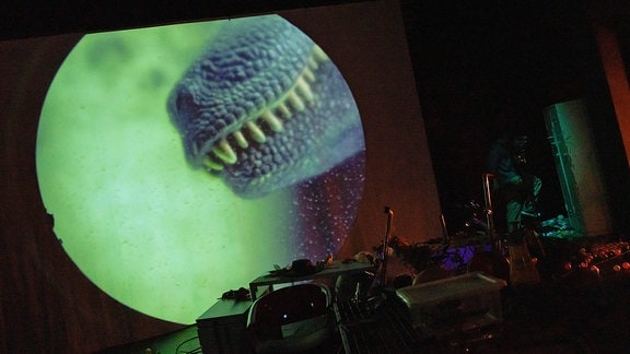 Auf einer Leinwand ist ein grüner Lichtkreis zu sehen, darin die Schnauze eines Dinosauriers.