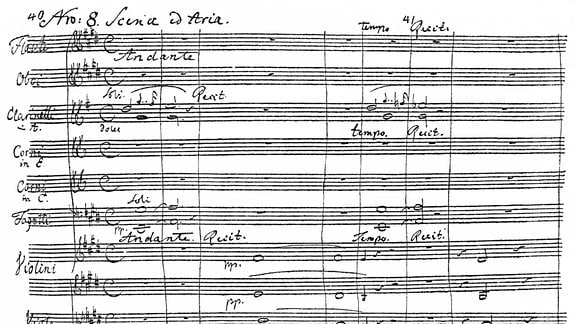 Eine Seite der romantischen Oper, Der Freischütz, historische Noten-Handschrift von Carl Maria Friedrich Ernst von Weber 