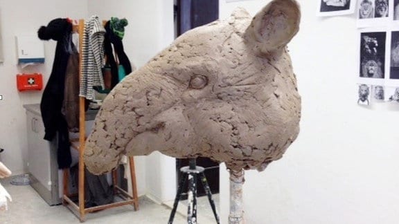 Zu sehen ist ein modellierter Tapir-Kopf in einer Werkstatt.