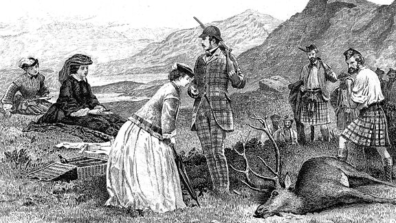 Zeichung zeigt Queen Victoria und Prince Albert beim Picknicken