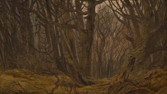 Gemälde eines Waldes: Der Boden ist braungeld und wirkt ausgetrocknet, Die Bäume stehen dicht beieinandert, tragen keine Blätter und wirken knorrig.