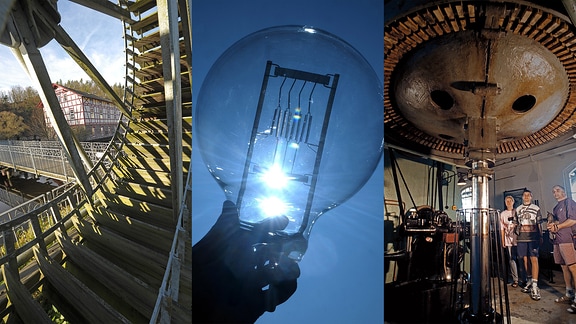 Wasserkraftmuseum Fernmühle: Collage aus Mühlrad, Lichtwurflampe, Turbine