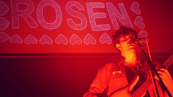 Ein junger Mann steht auf einer Bühne und singt. Die Bühne wird rot angestrahlt, im Hintergrund der von Herzen umrandete Schriftzug "Edwin Rosen". 