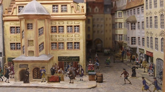 Eine Leipziger Stadtansicht mit Zinnfiguren zu höfischen Zeiten. 