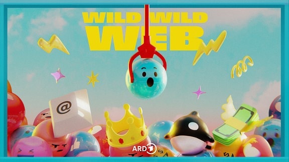Eine blaue Kugel mit erstauntem Gesicht wird mit einem Greifarm aus anderem Spielzeug gefischt, darüber steht der gelbe Schriftzug "Wild Wild Web".