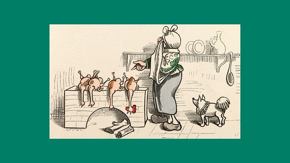Buchseite mit Witwe Bolte und toten Hühnern von Wilhelm Busch