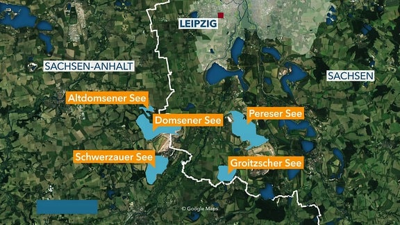 Eine Karte zeigt Seen im Leipziger Umland und Sachsen-Anhalt
