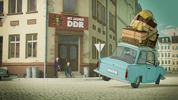 Ein animierter Trabbi mit Gepäck auf dem Dach fährt um eine Kurve