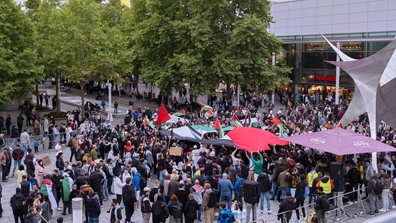 Teilnehmer versammeln sich mit Flaggen zu einer pro-palästinensischen Kundgebung in der Innenstadt.