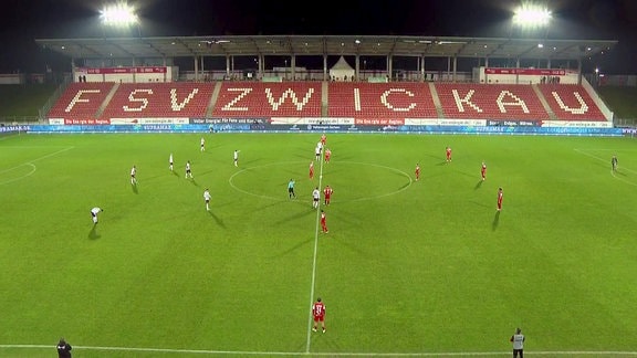 Spieler im Stadion auf dem Feld. Im Hintergrund Schriftzug: FSV Zwickau