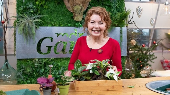Eine Frau, Garten Expertin Brigitte Goss, steht hinter einem Tisch. Darauf steht ein Tablett mit drapierten Pflanzen, Wurzeln und Moos, sowie weitere kleine Pflanzen.
