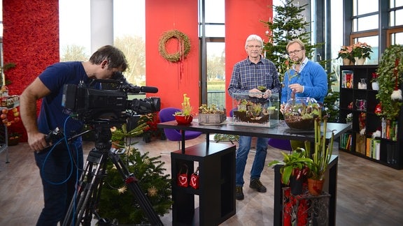 Zwei Männer stehen vor einem Tisch mit Pflanzen: Karnivoren-GärtnerThomas Carow und MDR Moderator Jens Haentzschel.   
