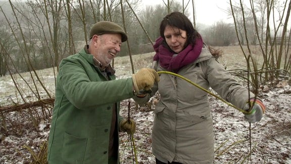 Ein Mann hilft einer Frau beim Flechten von Zweigen für eine Hecke.