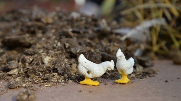 Zwei Hühner-Spielzeugfiguren sitzen vor einem Hühner-Misthaufen